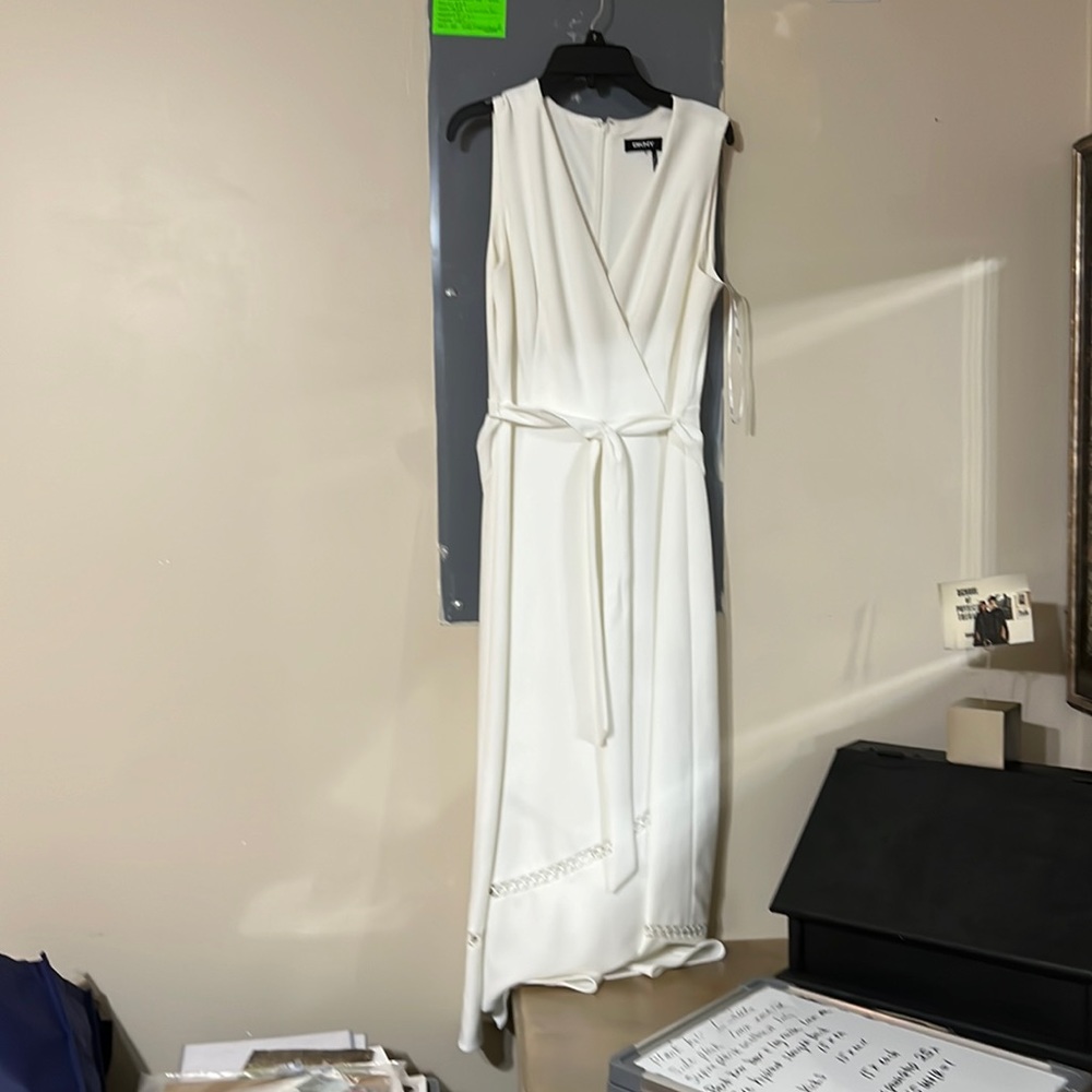 DKNY Cream sleeveless faux wrap ankle length dress with belt  size L